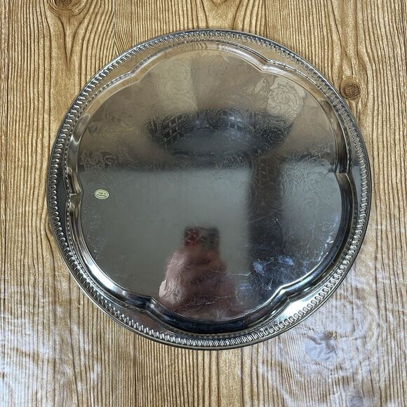 Vintage Finest Nickel Plated Tinplate Serving Platter Tarnish Proof‎ Floral 14” - Picture 4 of 11